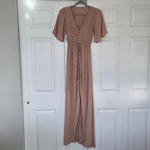 Forever 21 Maxi Dress - Blush Pink Flounce Sleeves Size Medium Slit Flowy - Picture 4 of 9